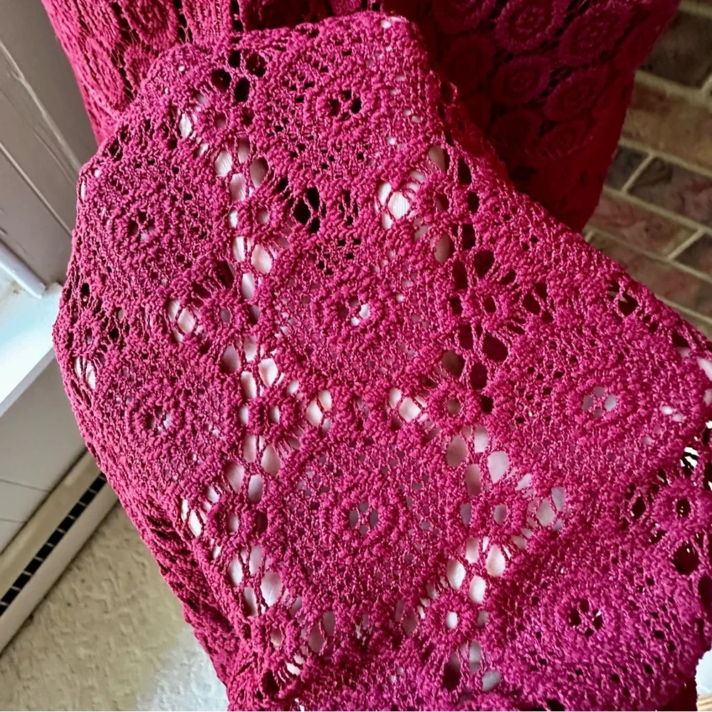 Charter Club Burgundy Lace Midi Dress Crochet Lace Flowers Boho Chic Witchy Vibe